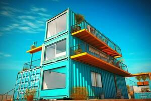 A container home building on a plot of land. 2 storey modern container house, cafe or restaurant concept by AI Generated photo