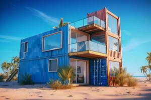 A container home building on a plot of land. 2 storey modern container house, cafe or restaurant concept by AI Generated photo