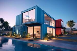 A container home building on a plot of land. 2 storey modern container house, cafe or restaurant concept by AI Generated photo