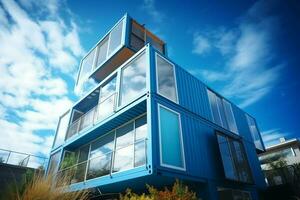 A container home building on a plot of land. 2 storey modern container house, cafe or restaurant concept by AI Generated photo
