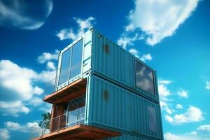 A container home building on a plot of land. 2 storey modern container house, cafe or restaurant concept by AI Generated photo