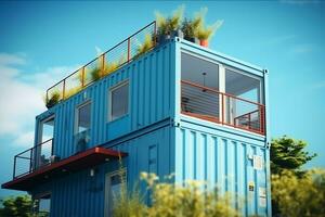A container home building on a plot of land. 2 storey modern container house, cafe or restaurant concept by AI Generated photo