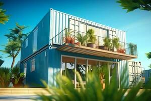 A container home building on a plot of land. 2 storey modern container house, cafe or restaurant concept by AI Generated photo