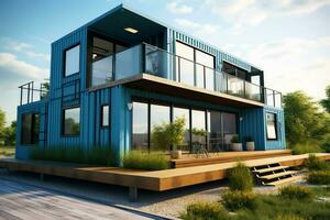 A container home building on a plot of land. 2 storey modern container house, cafe or restaurant concept by AI Generated photo