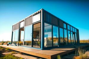 A container home building on a plot of land. 2 storey modern container house, cafe or restaurant concept by AI Generated photo