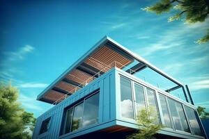 A container home building on a plot of land. 2 storey modern container house, cafe or restaurant concept by AI Generated photo