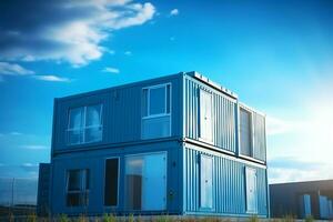 A container home building on a plot of land. 2 storey modern container house, cafe or restaurant concept by AI Generated photo