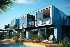 A container home building on a plot of land. 2 storey modern container house, cafe or restaurant concept by AI Generated photo