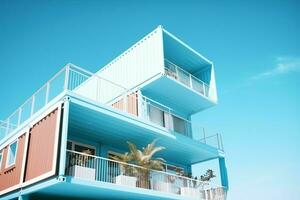 A container home building on a plot of land. 2 storey modern container house, cafe or restaurant concept by AI Generated photo