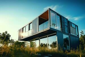 A container home building on a plot of land. 2 storey modern container house, cafe or restaurant concept by AI Generated photo