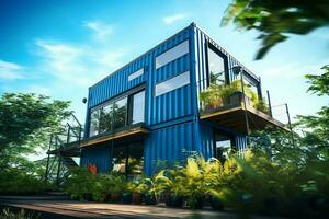 A container home building on a plot of land. 2 storey modern container house, cafe or restaurant concept by AI Generated photo