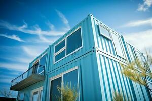 A container home building on a plot of land. 2 storey modern container house, cafe or restaurant concept by AI Generated photo