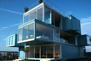 A container home building on a plot of land. 2 storey modern container house, cafe or restaurant concept by AI Generated photo
