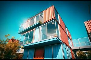 A container home building on a plot of land. 2 storey modern container house, cafe or restaurant concept by AI Generated photo