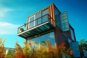 A container home building on a plot of land. 2 storey modern container house, cafe or restaurant concept by AI Generated photo