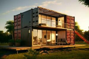 A container home building on a plot of land. 2 storey modern container house, cafe or restaurant concept by AI Generated photo