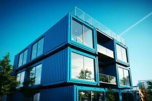 A container home building on a plot of land. 2 storey modern container house, cafe or restaurant concept by AI Generated photo