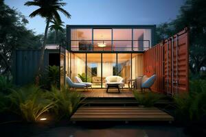 A container home building on a plot of land. 2 storey modern container house, cafe or restaurant concept by AI Generated photo