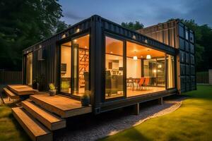 A container home building on a plot of land. 2 storey modern container house, cafe or restaurant concept by AI Generated photo