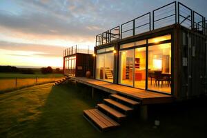A container home building on a plot of land. 2 storey modern container house, cafe or restaurant concept by AI Generated photo