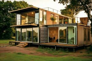 A container home building on a plot of land. 2 storey modern container house, cafe or restaurant concept by AI Generated photo