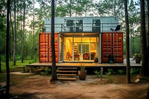 A container home building on a plot of land. 2 storey modern container house, cafe or restaurant concept by AI Generated photo