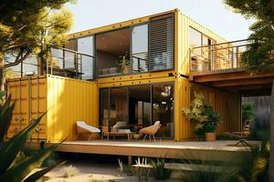 A container home building on a plot of land. 2 storey modern container house, cafe or restaurant concept by AI Generated photo