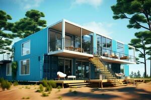 A container home building on a plot of land. 2 storey modern container house, cafe or restaurant concept by AI Generated photo