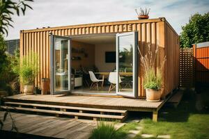 A container home building on a plot of land. 2 storey modern container house, cafe or restaurant concept by AI Generated photo