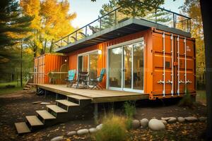 A container home building on a plot of land. 2 storey modern container house, cafe or restaurant concept by AI Generated photo
