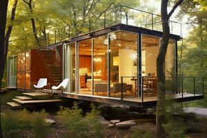 A container home building on a plot of land. 2 storey modern container house, cafe or restaurant concept by AI Generated photo