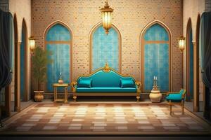 Very luxurious room and large with walls decorated with moroccan mosaic. Room in traditional islamic concept by AI Generated photo