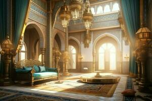 Very luxurious room and large with walls decorated with moroccan mosaic. Room in traditional islamic concept by AI Generated photo