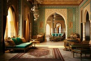 Very luxurious room and large with walls decorated with moroccan mosaic. Room in traditional islamic concept by AI Generated photo