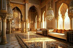 Very luxurious room and large with walls decorated with moroccan mosaic. Room in traditional islamic concept by AI Generated photo