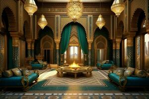 Very luxurious room and large with walls decorated with moroccan mosaic. Room in traditional islamic concept by AI Generated photo