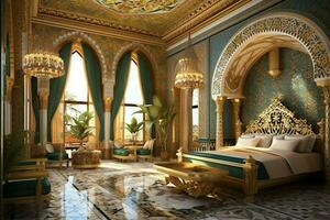 Very luxurious room and large with walls decorated with moroccan mosaic. Room in traditional islamic concept by AI Generated photo