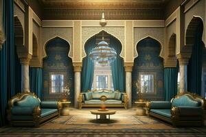 Very luxurious room and large with walls decorated with moroccan mosaic. Room in traditional islamic concept by AI Generated photo