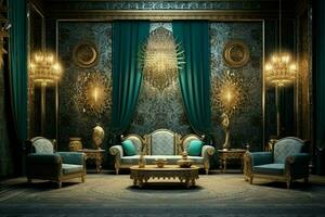 Very luxurious room and large with walls decorated with moroccan mosaic. Room in traditional islamic concept by AI Generated photo