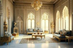 Very luxurious room and large with walls decorated with moroccan mosaic. Room in traditional islamic concept by AI Generated photo