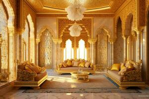 Very luxurious room and large with walls decorated with moroccan mosaic. Room in traditional islamic concept by AI Generated photo