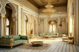 Very luxurious room and large with walls decorated with moroccan mosaic. Room in traditional islamic concept by AI Generated photo