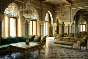 Very luxurious room and large with walls decorated with moroccan mosaic. Room in traditional islamic concept by AI Generated photo