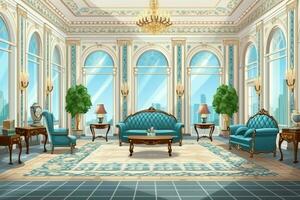muy lujoso habitación y grande con paredes decorado con marroquí mosaico. habitación en tradicional islámico concepto por ai generado foto