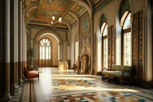 muy lujoso habitación y grande con paredes decorado con marroquí mosaico. habitación en tradicional islámico concepto por ai generado foto
