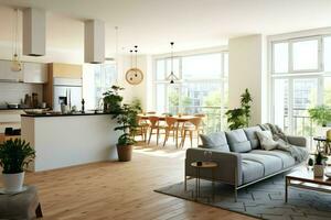 Modern apartment interior in living design with working table and bookshelf. Luxury home scandinavian concept by AI Generated photo