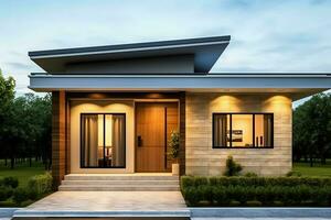 Beautiful modern house exterior with carport. Modern residential district and minimalist building concept by AI Generated photo