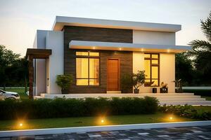 Beautiful modern house exterior with carport. Modern residential district and minimalist building concept by AI Generated photo