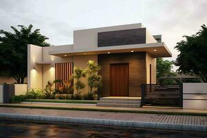 Beautiful modern house exterior with carport. Modern residential district and minimalist building concept by AI Generated photo