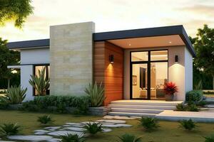 Beautiful modern house exterior with carport. Modern residential district and minimalist building concept by AI Generated photo